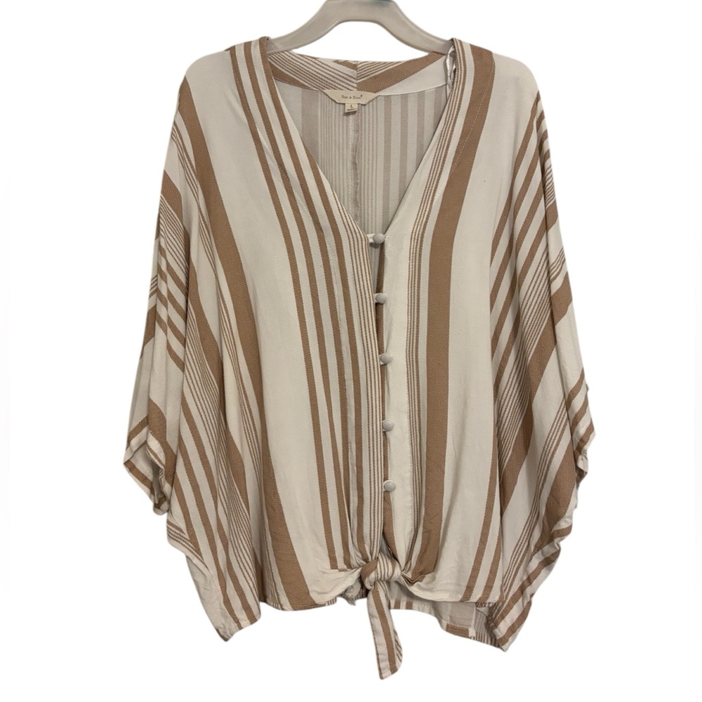 Sim & Sam - Women's White and Tan Striped Boxy Shirt - Comfort  Blouse Large
